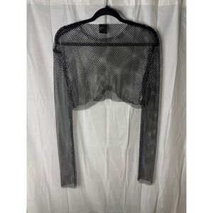 Black Mesh Rhinestone Long Sleeve Crop Top Shirt L Style TC5395